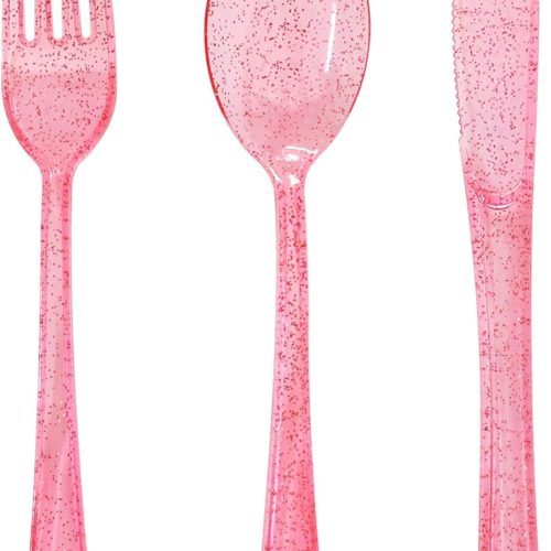 150 Pcs Pink Silverware Set Heavy Duty Pink Plastic Silverware - 50 Forks, 50 Knives, 50 Spoons for Brithday, Wedding, Baby Shower, Bridal Shower