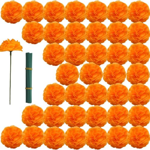 Marigolds Artificial Flowers, Fake Marigold Flowers, Marigolds Orange Silk Flowers for Day of The Dead Decoration, Diwali Decor, Dia De Los Muertos, Ofrenda Decor (Orange, 60Pcs)