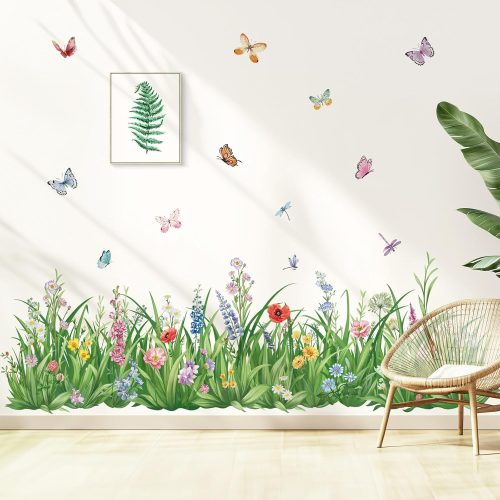 CT3116CT_1 wondever Green Grass Wall Corner Stickers Flowers Butterflies Wildflower Baseboard Skirting Line Wall Decals for Bedroom Living Room