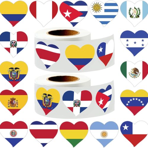 1000Pcs Hispanic Heritage Month Stickers, Hispanic Flags Stickers, 16 Heart Patterns Self-Adhesive Decals for Festival Party Favors, Water Bottle Laptop Gifts, Hispanic Heritage Month Decorations