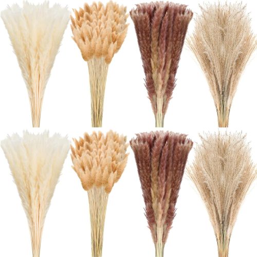 280 Pcs Natural Dried Pampas Grass Decor 17 Inch Boho Dried Flowers Bouquet Contains Bunny Tails Grass Fluffy White Pampas Brown Pampas Reed Grass for Home Wedding Party Farmhouse Table Decorations
