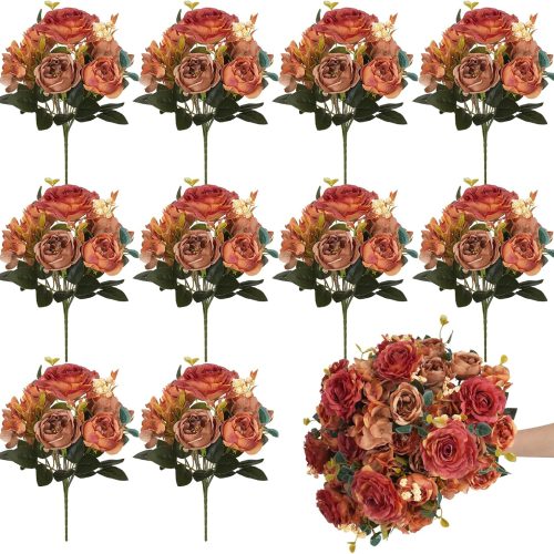 10 Bouquets Fall Flowers Artificial for Decoration, Silk Peonies Burnt Orange Flowers Floral Arrangements for Wedding Home Decor Table Centerpieces