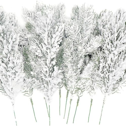 Kesywale 10PCS Frosted Artificial Pine Needles Branches 10.6" Christmas Fake Snowy Pine Picks Twigs Winter Sprays Greenery Stems for Xmas Tree Garlands Decor