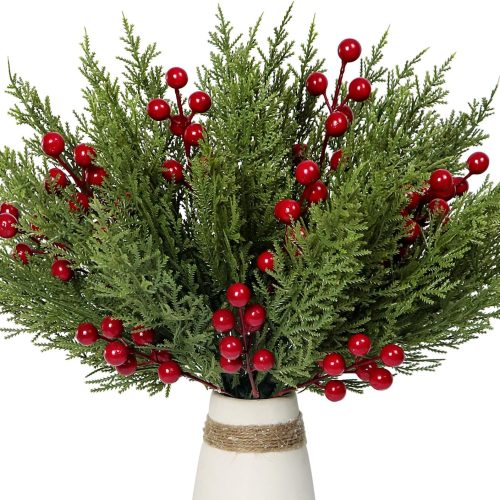 30Pcs Artificial Pine Branches with Red Berry Stems Assorted Faux Cedar Leaves Sprigs Holly Berries Twigs Christmas Tree Picks Greenery Sprays for DIY Craft Wreath Garland Holiday Season Décor (Green)