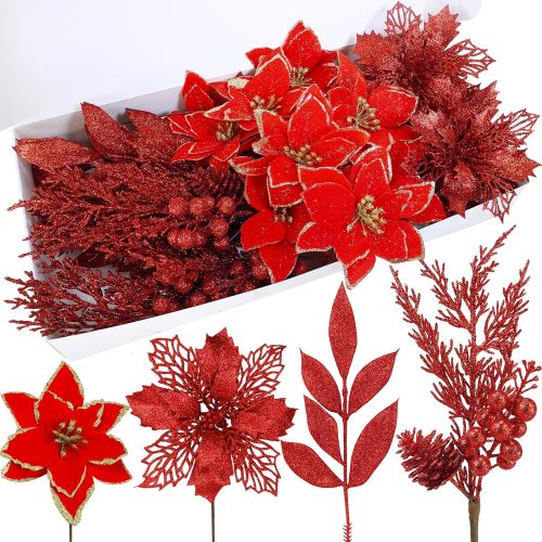 Winlyn 35 Pcs Christmas Artificial Poinsettia Flowers Picks and Artificial Leaves Sprays Red Glitter Christmas Picks for Red Christmas Tree Holiday Floral Arrangement Centerpiece Wreath Garland Décor