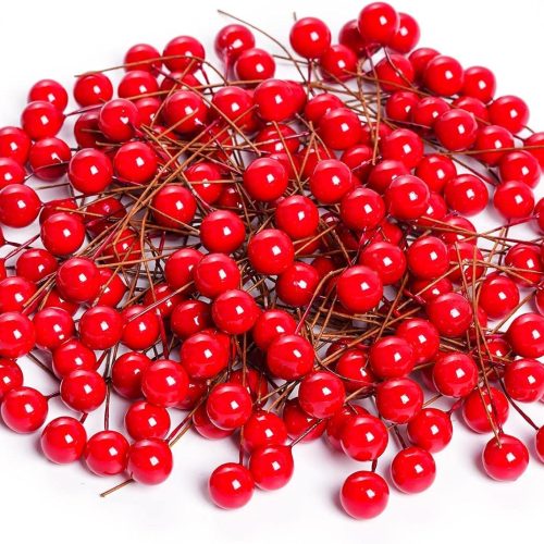 Lystaii 200pcs Artificial Holly Berries Mini 10 mm Christmas Fake Berries with Wire Stems Artificial Berry Fake Berry Stems Picks for Christmas Tree Decorations Wreath Craft Wedding Party Decor (Red)