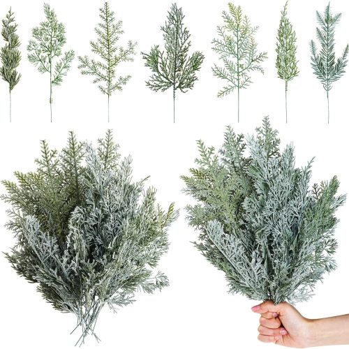 42 Pcs 10" Artificial Pine Branches Cedar Flocking Pine Picks Christmas Greenery Stems Snow Forest Pine Needles Christmas Sprays and Picks for Holiday DIY Wreaths Garlands Craft Home Decor, 7 Styles
