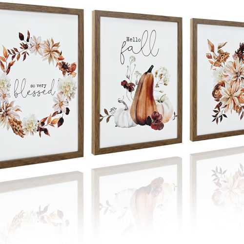 ArtbyHannah Framed Fall Wall Art, Thanksgiving Pictures Wall Decor with Autumn Pumpkin Prints Harvest Home Decorations for Living Room Kitchen Mantel Porch Entryway Bathroom (11x14 Inch, 3 Pack)