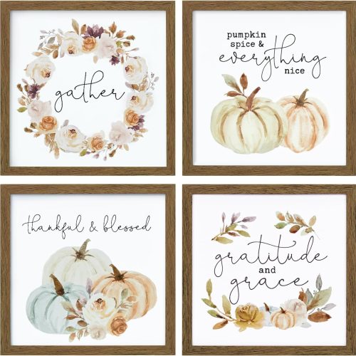 CT3977CT_1 ArtbyHannah Framed Fall Wall Art, Thanksgiving Pictures Wall Decor with Autumn Pumpkin Prints Harvest Home Decoration for Living Room Kitchen Stairway Bathroom (10x10 Inch, 4 Pack)