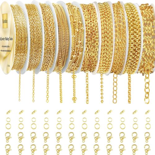 Ecoofor Gold Necklace Chains for Jewelry Making, 78.7 Feet 10 Rolls Jewelry Chains for DIY Necklace Bracelet Jewelry Making with Jump Rings/Lobster Clasps/Connectors