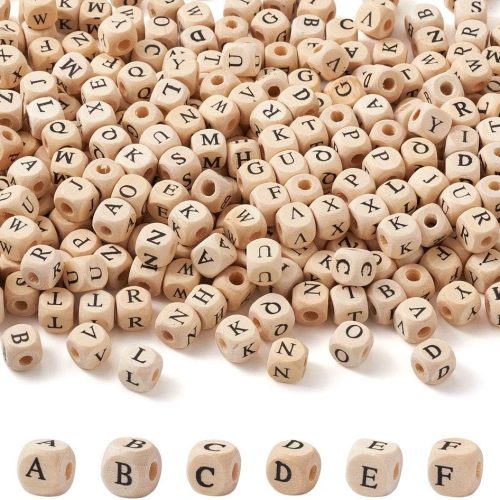 KISSITTY 520pcs/bag Cube Wood Beads with Initial 26 Letters 10mm Natural Square Alphabet Wooden Loose Beads for Jewelry DIY Crafts Making PapayaWhip
