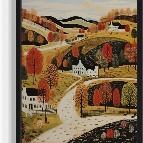 Autumn Scenery Wall Art Poster Print, Scenery Landscape American Folk Art, Naive Painting Decor Gallery 31 (Autumn Scenery, 8 x 10 inches, Unframed)