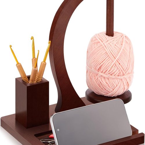 Geelin Wooden Yarn Spinner Holder for Crocheting and Knitting with Mobile Phone Holder Magnetic Rotating Swing Yarn Ball Dispenser Crochet Gifts for Knitting