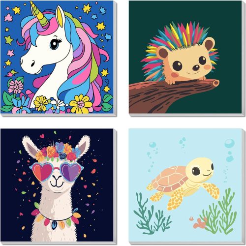 AILIBUT Paint by Numbers for Kids Ages 8-12 & Beginners - 4 Pack Animal Canvas Art Kits with Framed Painting - Easy DIY Color by Number Set for Children, Home Decor & Gifts (8x8 Inch)