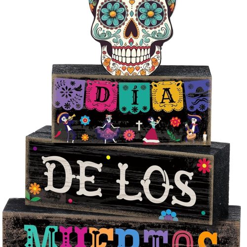 4 Pcs Day of The Dead Table Decorations Day of The Dead Centerpiece for Table Dia De Los Muertos Tiered Tray Decor Wood Sugar Skull Block Signs for Halloween Party Home Shelf Decoration