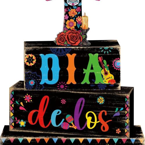 4 Pcs Day of The Dead Table Decorations Wooden Mexican Dia De Los Muertos Altar Centerpiece for Table Tiered Tray Decor Sugar Skull Cross Block Signs for Halloween Party Home Shelf Decoration