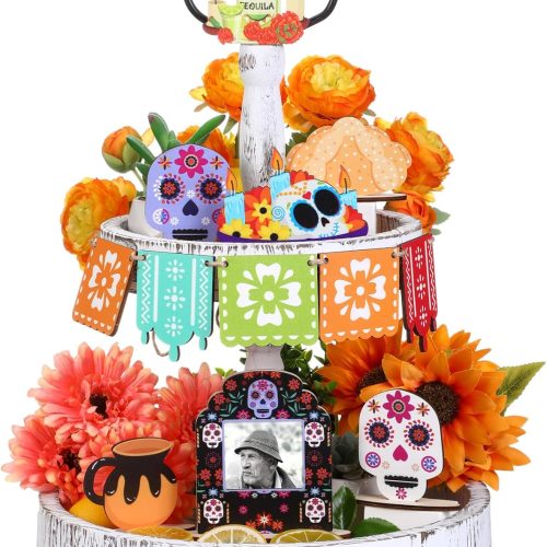 12 Pcs Day of The Dead Tiered Tray Decorations Dia De Los Muertos Decor Garlands Skull Candles Alter Picture Frame Wooden Tabletop Ofrenda Centerpieces for Dia De Los Muertos Party