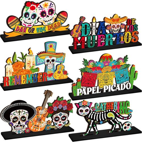 6 Pcs Dia De Los Muertos Altar Table Decorations Day of The Dead Wooden Table Centerpiece Sugar Skull Decor Mexican Tabletop Detachable Sign for Halloween Party Supplies
