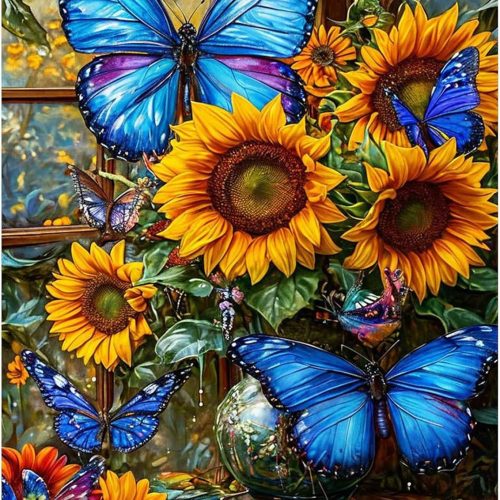 Sunflower Diamond Art Kits for Adults, 5D Butterfly Diamond Painting Kits for Beginner, DIY Blue Butterfly Gem Art Dots for Adults, Perfect for Home Wall Decor 12x16 Inch