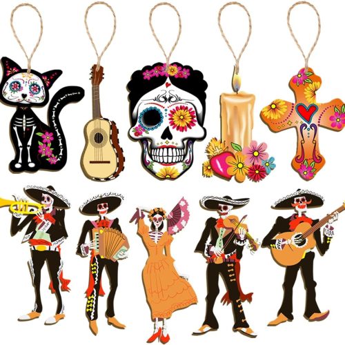 CMUSKO Dia De Los Muertos Decorations-30Pcs Day of the Dead Wood Ornaments Sugar Skull Hanging Wooden Sign,Halloween Tree Ornaments Mexican Fiesta Day of the Dead Decor