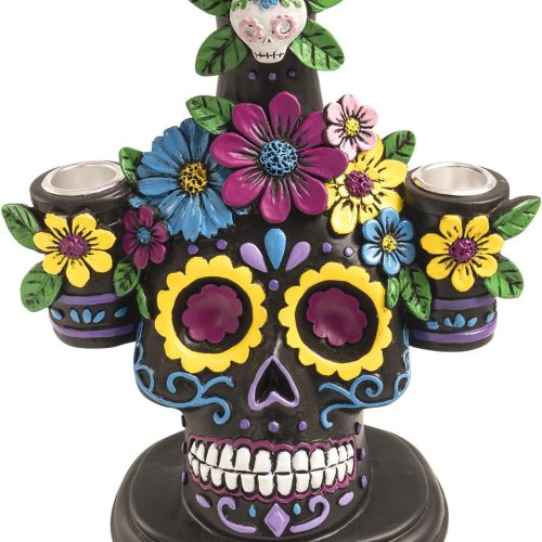 Day of The Dead Decorations, 8.4" H Resin Dia De Los Muertos Candle Holder Ofrenda Altar Sugar Skull Figurines, Mexican Halloween Indoor Table Top Centerpiece Decor