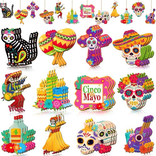 Soaoo 36 Pcs Day of The Dead Ornaments for Tree Dia De Los Muertos Decorations Mexican Theme Cat Skeleton Wood Sign Halloween Ornament Skulls for Crafts Hanging Decor Fiesta Festival Party Gift