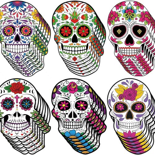 Tenceur 36 Pcs Large Day of The Dead Sugar Skull Cutouts for Dia De Muertos Decoration Sugar Skull Decorations for Mexican Halloween Theme Table Supplies Centerpiece Party Birthday Party Essentials