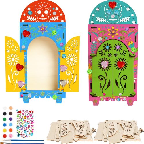 Fennoral 2 Pack Wooden Day of The Dead Craft Kits for Kids Make You Own Day of The Dead Box DIY Paint Day of The Dead Shadow Box for Halloween Party Decoration