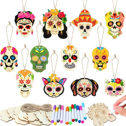 Colingmill 60 Pcs Sugar Skull Day of The Dead Wooden Craft Kit DIY Unfinished Skull Ornament Halloween Hanging Blank Craft with Rope and Coloring Pen for Dia De Los Muertos Party Decor
