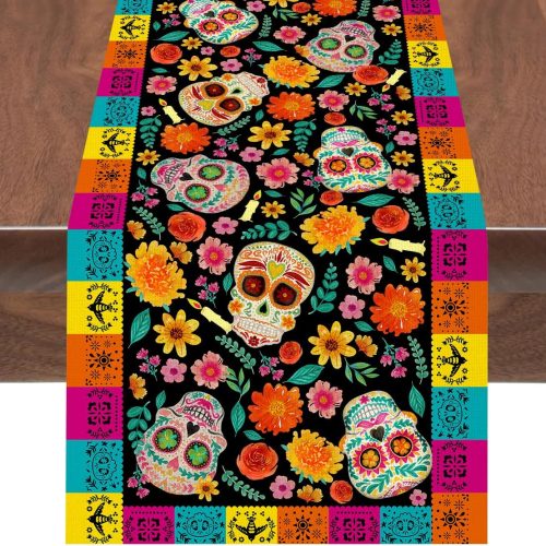 Dia De Los Muertos Table Runner Cinco de Mayo Rustic Linen Mexican Fiesta Sugar Skull Marigold Flowers Farmhouse Rustic Runner Day of The Dead Altar Decor for Ofrenda Party Kitchen Dining Home Table