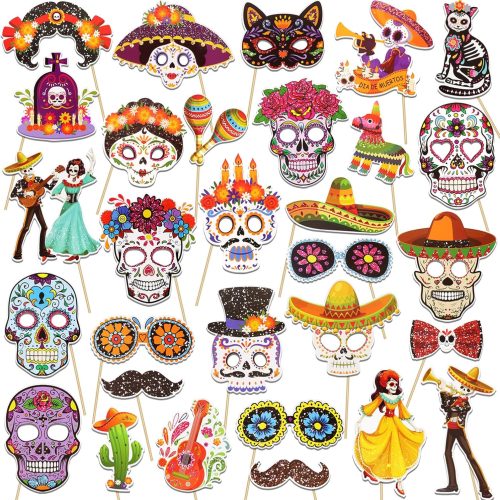 HOWAF Glitter Day of The Dead Photo Booth Props, Dia De Los Muertos Skull Decorations Photo Props Kits for Day of The Dead Party Favor, Mexican Fiesta Halloween Glitter Prop Pose Sign 30pcs