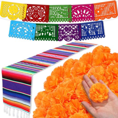 Funtery 50 Pcs Marigold Flower Heads Bulk Day of The Dead Decor Altar De Ofrendas Dia De Muertos Decoration 9 Pcs Mexican Papel Picado 1 Mexican Table Runner Supplies(Orange, Purple)