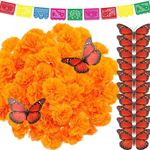 Kigley 121 Pcs Day of The Dead Decorations Set Artificial Marigold Flowers Monarch Butterfly Decoration Kit Mexican Party Banner Fiesta Party Decorations Supplies for Altar Backdrop (Orange)