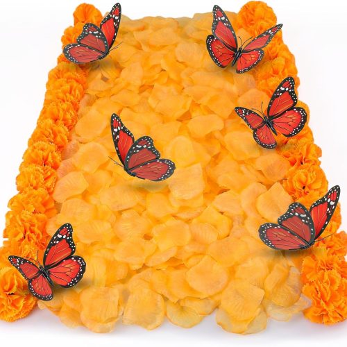 Dia De Los Muertos Decor 50 Pcs Marigold Flowers Heads 12 Artificial Butterfly Decorations and 500 Orange Artificial Flower Petals Halloween Day of The Dead Decor Set for Home Fall Party