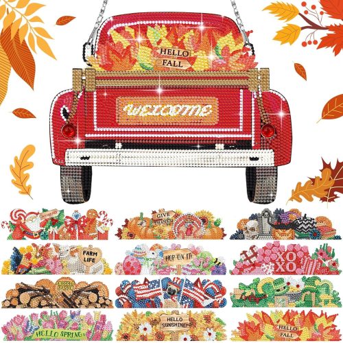13 Pcs Seasonal Interchangeable Diamond Art Fall Halloween Thanksgiving Christmas Diamond Painting Kits Hanging Sign Seasonal Interchangeable Truck DIY Craft Decoration for Front Door(Red)