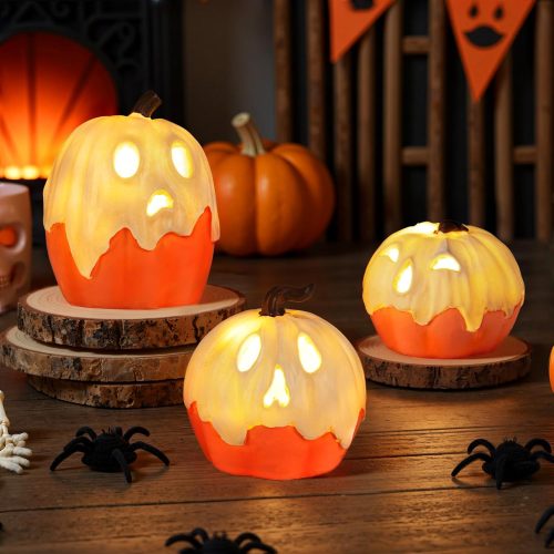 Halloween Decorations,Light Up Ghost Pumpkin Decorations Set of 3,Cute Halloween Decor Indoor for Kitchen Tabletop Fireplace Mantel Party Home Decor