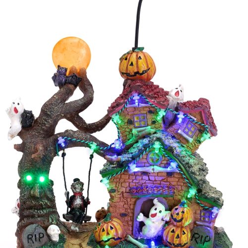 Valery Madelyn Halloween Decorations, Lighted Halloween Village Houses with Music and LED Lights, Resin Spooky Town Flying Witch and Haunted House for Home and Party Table Desk Mantel, 12 Inch