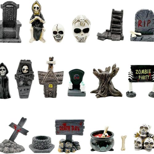 Halloween Miniature Figurines - 18Pcs Resin Ghost Tombstones Skull Heads Scene Ornaments Halloween Garden Accessories Mini Figurine Decorations for Outdoor Statues Home Village Crafts Decor