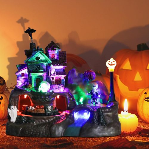 Halloween Decorations, Village House Figurine with Musical Electric Train and Multi-Color LED Light Skull Ghost Collectible Halloween Buildings Statues for Party Indoor Decor
