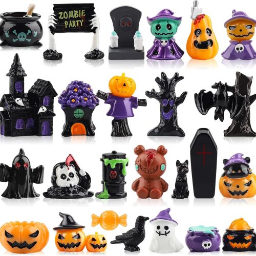 Kalolary 50PCS Halloween Miniature Figurines, Mini Resin Pumpkin Skeleton Statue Halloween Fairy Garden Decoration Miniature Desktop Halloween Ornaments for Outdoor Home Holiday Party Supplies