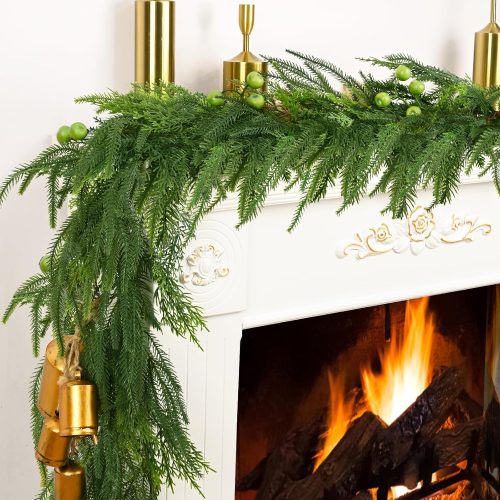 Christmas Garland Decorations, 6FT Real Touch Norfolk Pine Garland, Realistic Cedar Garland with Green Berries for Mantle Table Staires Railing Indoor Outdoor Christmas Decor
