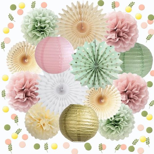 Sage Green Pink Party Decorations Sage Blush Pink Baby Shower Decorations with Paper Pom Poms Fans Paper Lanterns Confetti Dots Table Scatter for Birthday Wedding Bridal Shower Party Decor