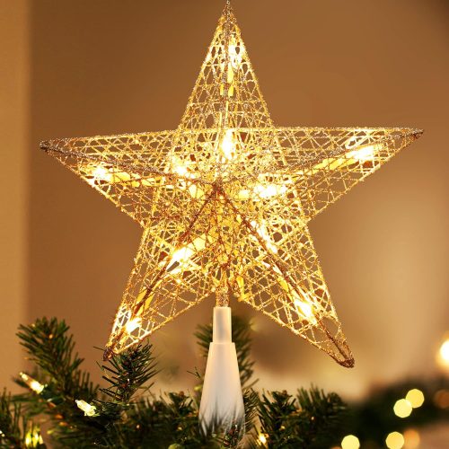 Brizled Silver Christmas Tree Topper, 9“ Christmas Star Tree Topper with 10 Warm White Lights, Pre-lit Glittered Star Treetop, 120V UL Listed Lighted Xmas Treetop for Christmas Tree Home Decorations