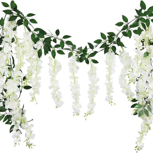 CISDUEO 2 Pcs Wisteria Hanging Flowers Wisteria Flowers Vine Garland Wedding Arch Decoration White Artificial Wisteria Vines Hanging Flower Vines Silk for Party Garden Home Table Backdrop 6 Feet