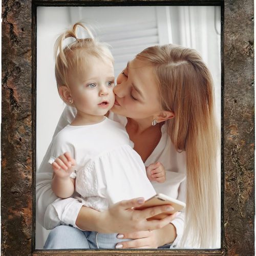IKEREE 5x7 Rustic Picture Frame with Natural Real Bark,High Definition Glass Wood Photo Frames for Desktop Display and Wall Mounting.