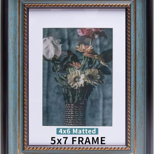 Beyond Your Thoughts 5x7 Picture Photo Frame 1 Pack Antique with Matted for 4X6 Peacock Blue Color Plastic, Vertical or Horizontal, Table Top and Wall Mounting Display