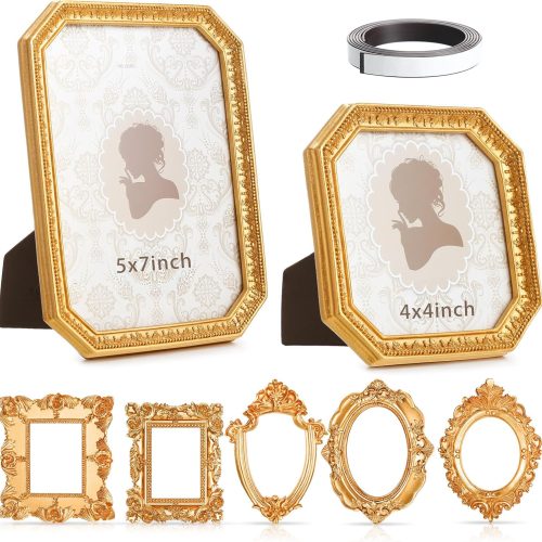 7 Pcs Vintage Resin Picture Frames Set Antique Gold Mini Photo Frames Small Baroque Oval Rectangle Ornate for Home Wedding Display 4x4, 5x7inch(Classic Style)