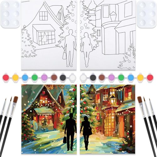 VOCHIC Sip and Paint Kit, Pre Drawn Canvas Couples Painting Party Kit with Outline Canvas for Adults Date Night Games Christmas Couples Art Set for Thanksgiving Gift Favor, 2 Pack (8x10)