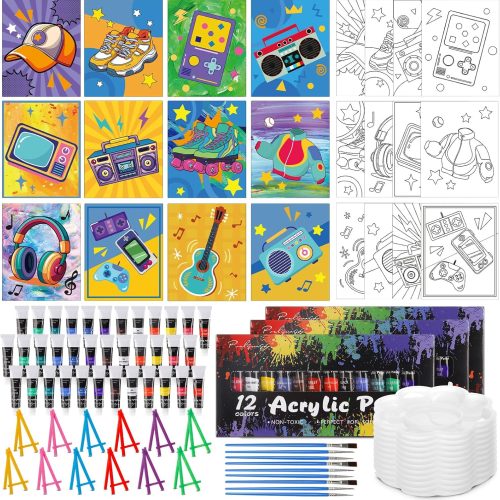 Sherr 108 Pcs 12 Set Pre Drawn Canvas Painting Kit 8'' x 10'' Sip and Paint Kit Gift for Adults Pre Printed Canvas DIY Art Party Supplies for Birthday Adults Date Night Party Team Building(Retro Time)