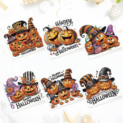 6 Pack Halloween Pumpkin Diamond Painting Card Kits – DIY 5D Rhinestone Halloween Greeting Cards with Envelopes, Handmade Pumpkin-Themed Diamond Art Craft Kits for Adults and Beginners